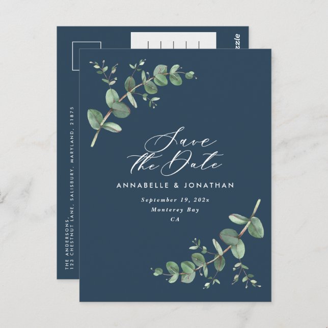 Carte Postale Eucalyptus élégant mariage bleu marine enregistrer (Devant / Derrière)