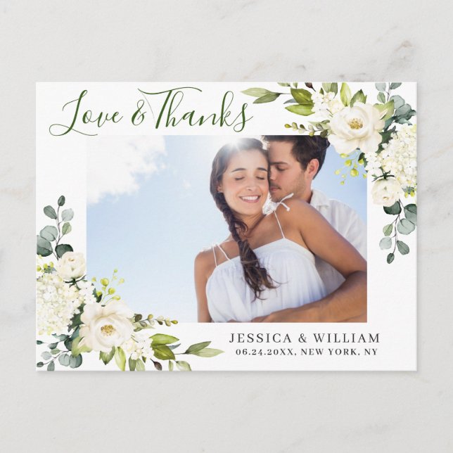 Carte Postale Eucalyptus Roses Blanches Mariage Photo Merci (Devant)