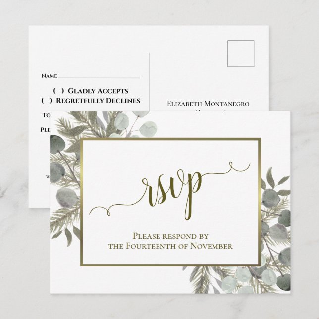 Carte Postale Eucalyptus rustique & Mariage de pin d'or RSVP (Devant / Derrière)