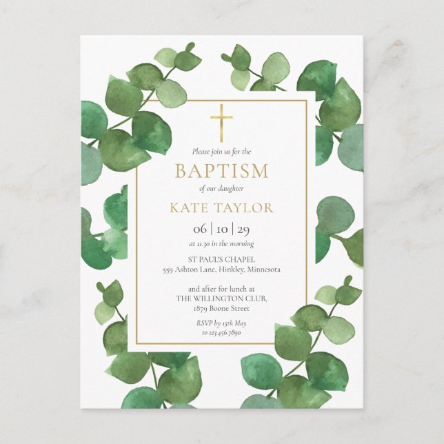 Carte Postale Eucalyptus Verdure Baptême Christening Invitation (Devant)
