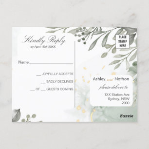 Carte Postale Eucalyptus vert & or aquarelle Mariage