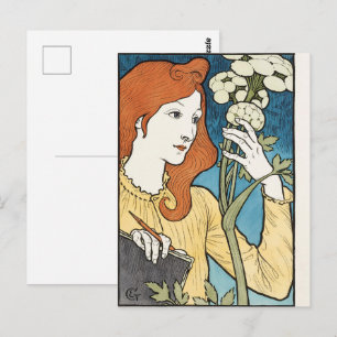 Carte Postale Eugene Grasset Art Nouveau Femme Dessinant des Fle