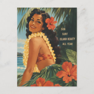 Carte Postale Évasion Aloha de la fille hula hawaïenne vintage p