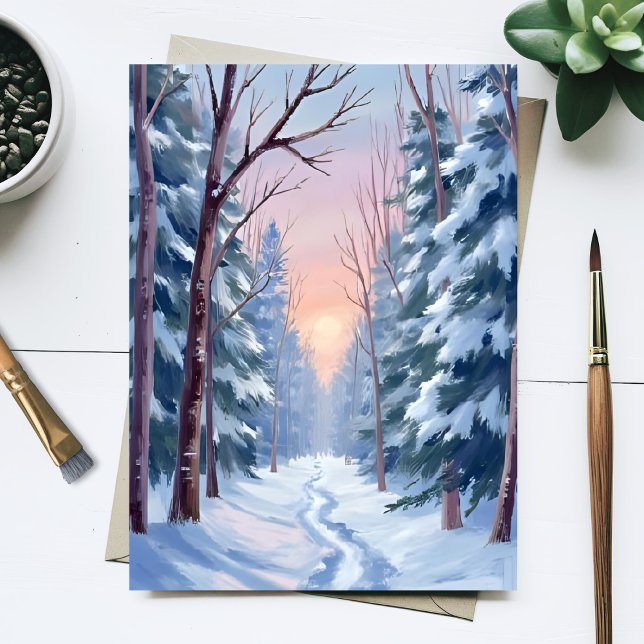 Carte Postale Évasion enneigée | Peinture aquarelle de la forêt  (Créateur téléchargé)