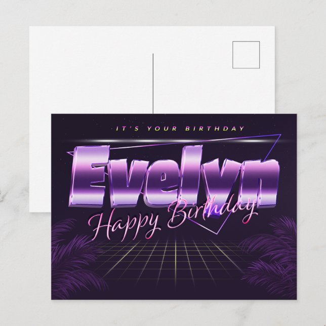 Carte Postale Evelyn Name Prénom lila Date de naissance de la ca (Devant / Derrière)