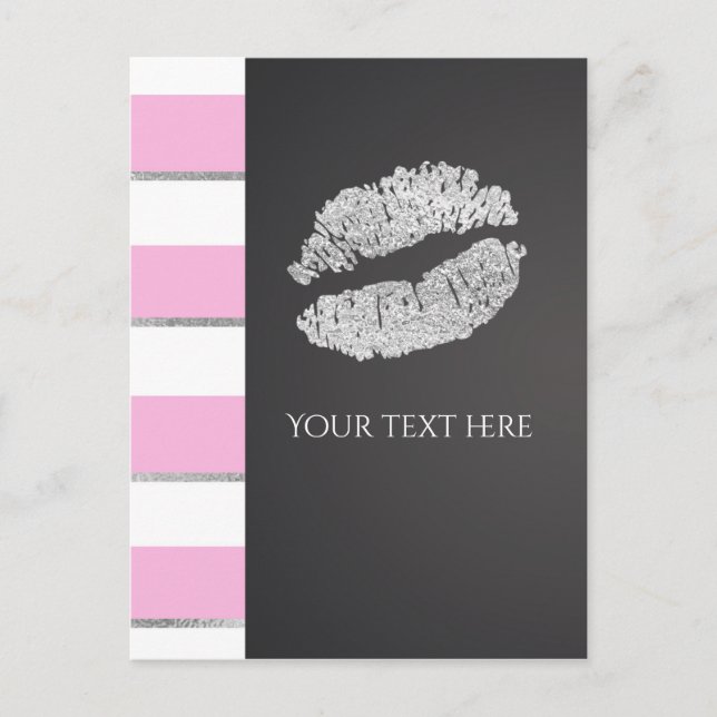Carte Postale Événement Lèvres Faux Argent Strass Rayure Rose et (Devant)