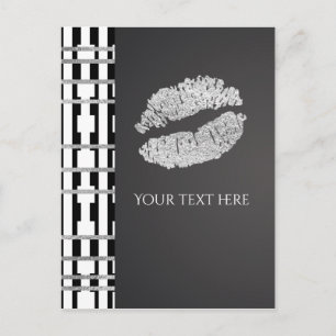 Carte Postale Événement Lèvres Noir Blanc & Faux Argent Shimmer