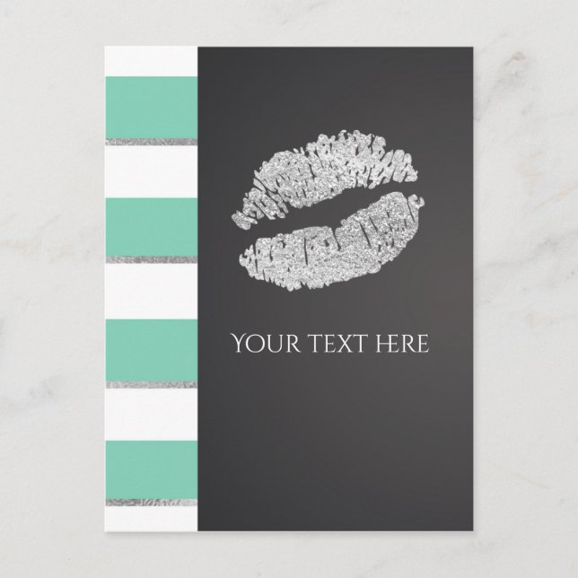 Carte Postale Événement Lèvres Vert Menthe & Blanc Faux Argent B (Devant)