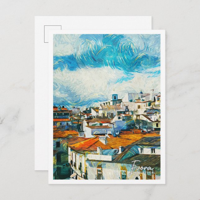 Carte Postale Evora Portugal Belle peinture à l'huile paysage (Devant / Derrière)