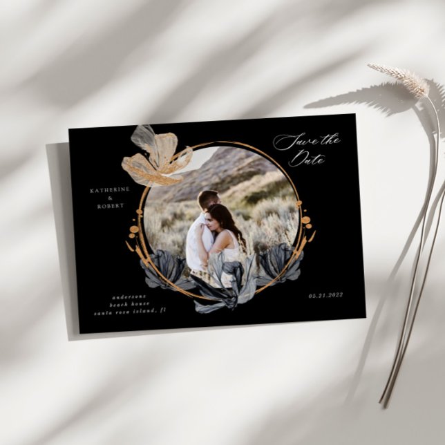 Carte Postale Exclusive Gold Black Floral Enregistrer la date (Créateur téléchargé)