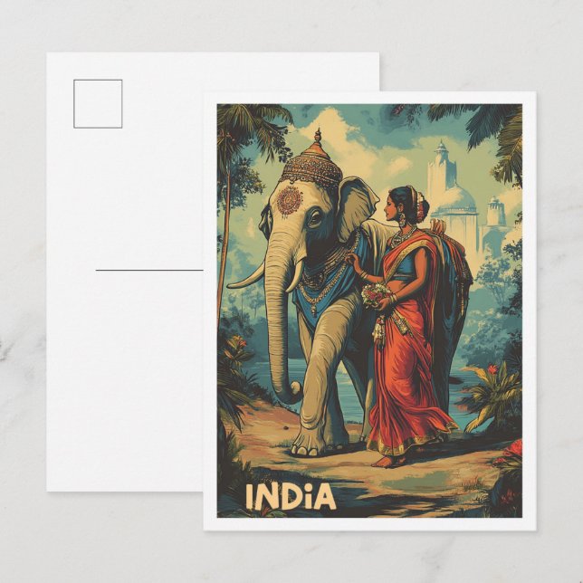 Carte Postale Exploration de l'Inde Illustration de voyage vinta (Devant / Derrière)