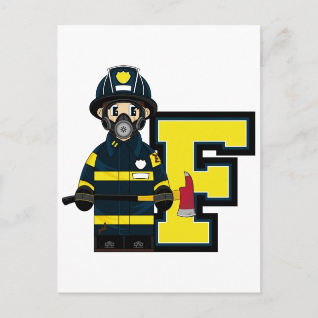 Carte Postale F est pour Cartoon Fireman (Devant)