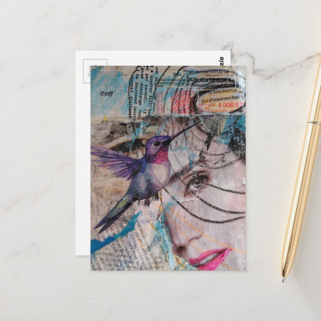 Carte Postale Face and Hummingbird Abstract Mixed Media Collage (Devant/Arrière en situation)