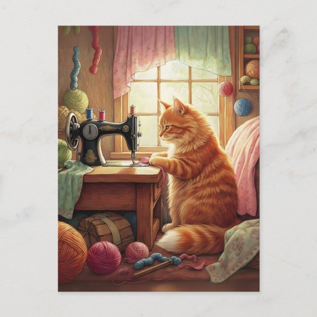 Carte Postale Facilement Distrait Par Les Chats Et La Couture -  (Devant)