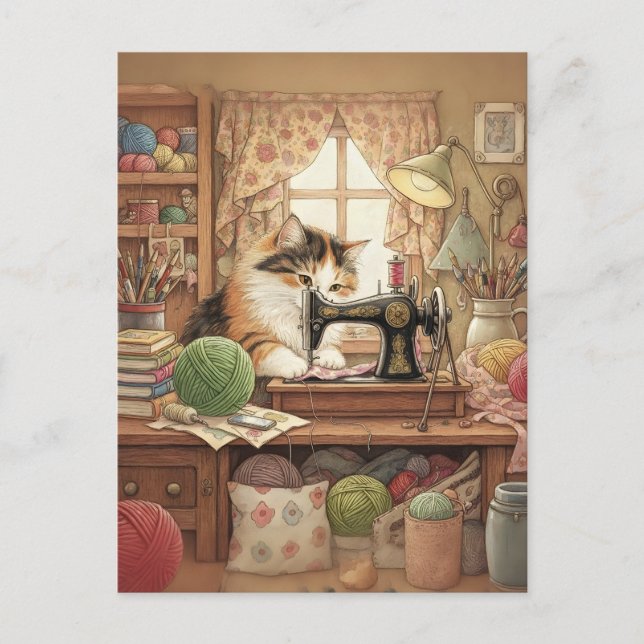 Carte Postale Facilement Distrait Par Les Chats Et La Couture -  (Devant)
