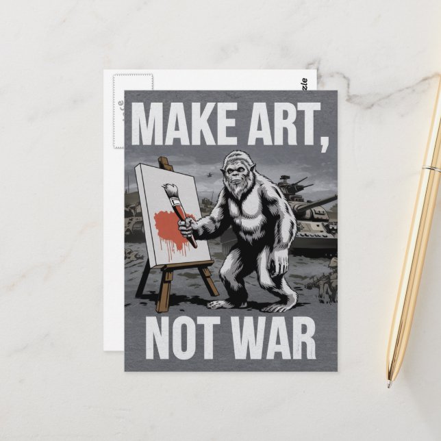 Carte Postale Faire de l'art pas la guerre Sasquatch artiste (Devant/Arrière en situation)