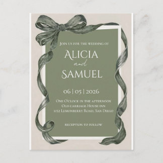 Carte Postale Faire invitation de mariage au ruban vert sauge él