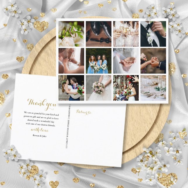 Carte Postale Faire-part 12 photos de mariage remerciements (12 Photo Collage Wedding Thank You Announcement Postcard)