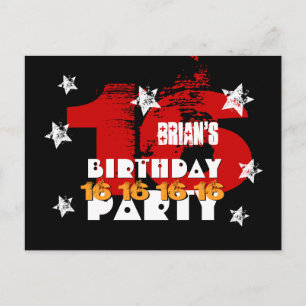 Carte Postale Faire-part 16e Anniversaire Noir Rouge Blanc Étoiles Sauvegar