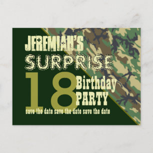 Carte Postale Faire-part 18e anniversaire surprise Enregistrer la date CAMO