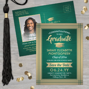 Carte Postale Faire-part 1 Photo Green Gold White Graduation Enregistrer la