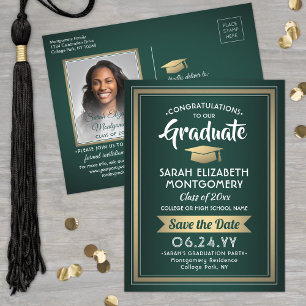 Carte Postale Faire-part 1 Photo Green Gold White Graduation Enregistrer la