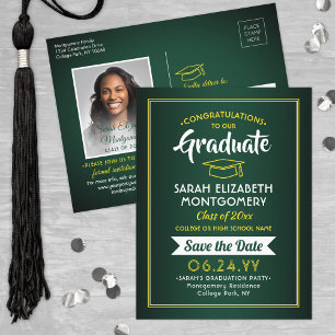Carte Postale Faire-part 1 Photo Green Gold Yellow Graduation Enregistrer l
