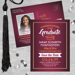 Carte Postale Faire-part 1 Photo Maroon Red & Gold Graduation Enregistrer l