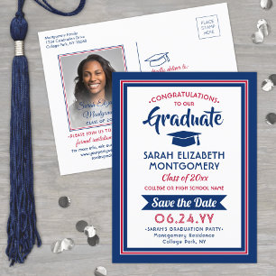 Carte Postale Faire-part 1 Photo Red White & Blue Graduation Enregistrer la