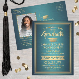 Carte Postale Faire-part 1 Photo Turquoise Gold Moderne Graduation Enregist