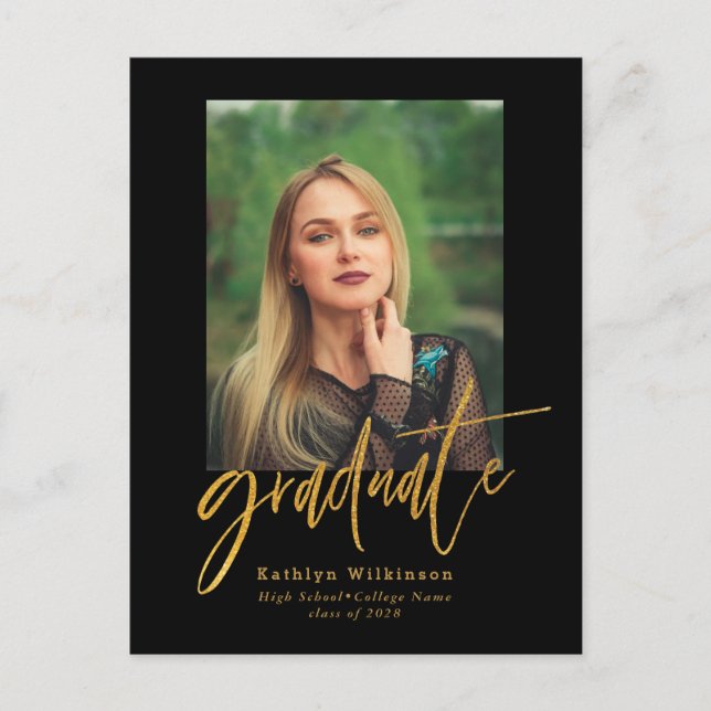 Carte Postale Faire-part 2023 Élégant Or Noir Script Photo Remise de diplôm (Devant)