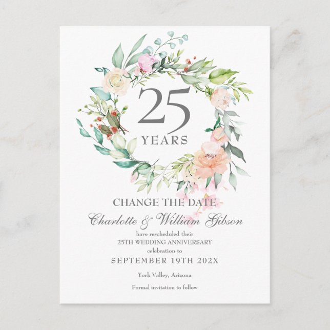 Carte Postale Faire-part 25e Anniversaire de Mariage Changer la Date Fleurs (Devant)