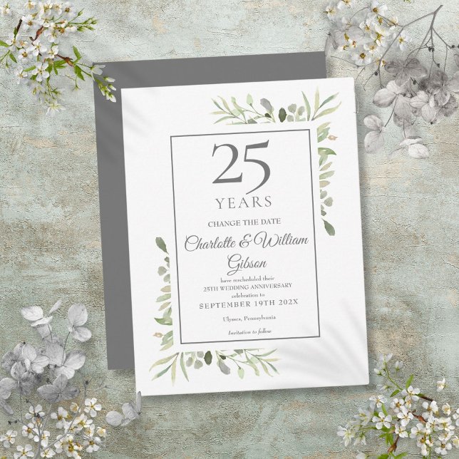 Carte Postale Faire-part 25e Noces d'Argent Changement de Date Feuillage  (25th Silver Anniversary Change the Date Greenery Announcement Postcard)