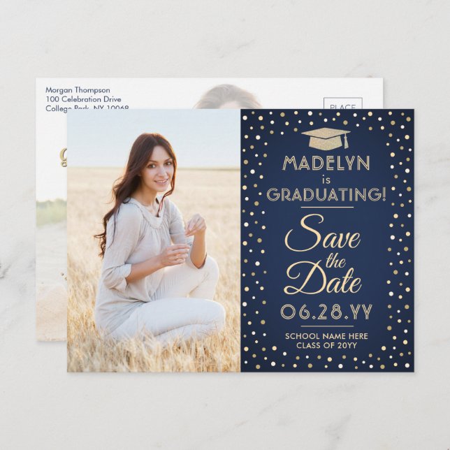 Carte Postale Faire-part 2 Diplôme photo Enregistrer la date Marine Bleu &  (Devant / Derrière)