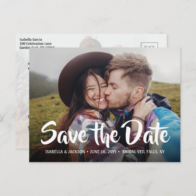 Carte Postale Faire-part 2 Photo Stylish Calligraphie Mariage Enregistrer l (Devant / Derrière)