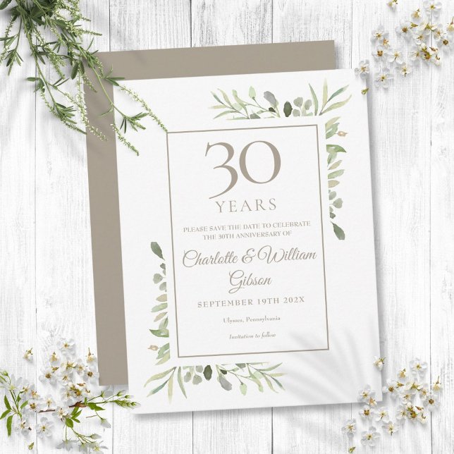 Carte Postale Faire-part 30e anniversaire Enregistrer la date Aquarelle Ver (30th Anniversary Save the Date Watercolor Greenery Announcement Postcard)