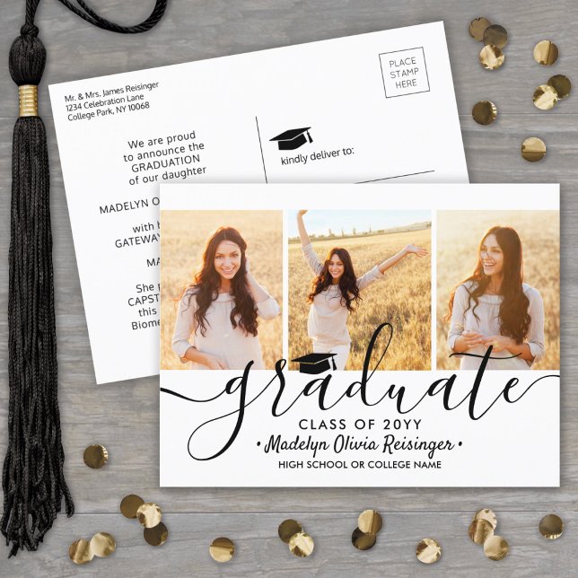 Carte Postale Faire-part 3 Collage Photo Simple Moderne Script Graduation (Créateur téléchargé)