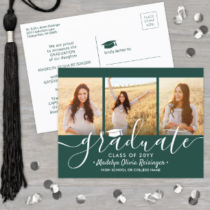 Carte Postale Faire-part 3 Collage Photo Simple Vert foncé Blanc Graduation