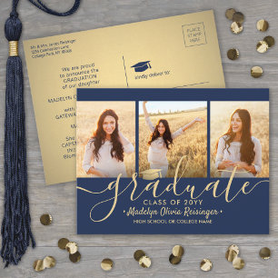 Carte Postale Faire-part 3 Photo Collage Script Marine Bleu & Or Graduation