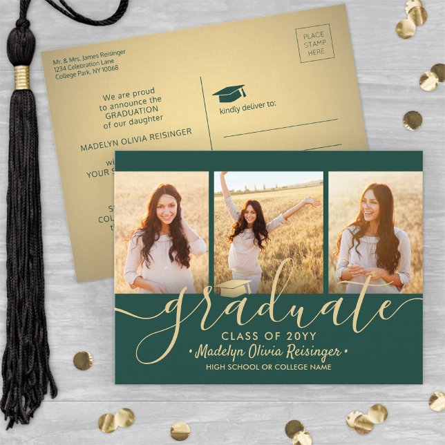 Carte Postale Faire-part 3 Photo Collage Script Vert et Or Graduation (Créateur téléchargé)