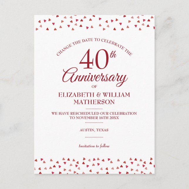 Carte Postale Faire-part 40e anniversaire de mariage Rubis Changez la date  (Devant)