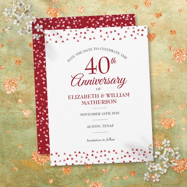 Carte Postale Faire-part 40e anniversaire Ruby Love Hearts Enregistrer la d (40th Anniversary Ruby Love Hearts Save the Date Announcement Postcard)