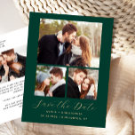 Carte Postale Faire-part 4-Photo Emerald Green Gold Enregistrer la date<br><div class="desc">Cette carte postale simple et minimaliste Save the Date présente un montage photo de trois photos au-dessus des mots "Save the Date" dans un élégant script d'écriture dorée, suivi des noms du couple, date mariage et ville en sans serif police sur un arrière - plan vert émeraude. Ajoutez une quatrième...</div>