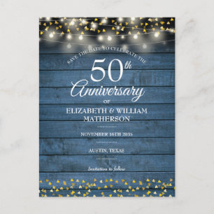 Carte Postale Faire-part 50e anniversaire Bleu Rustique Bois Enregistrer la