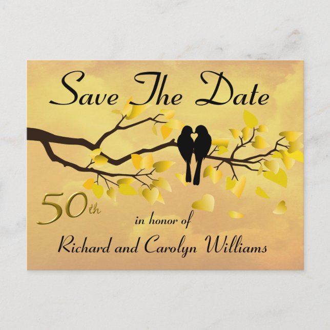 Carte Postale Faire-part 50e anniversaire de Lovebirds Enregistrer la date (Devant)