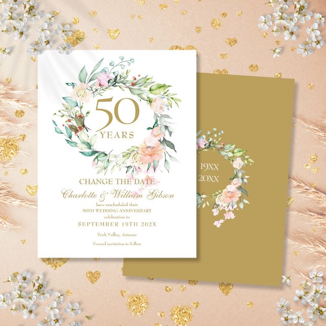 Carte Postale Faire-part 50e anniversaire de mariage Changement de date Flo (50th Wedding Anniversary Change the Date Floral Announcement Postcard)