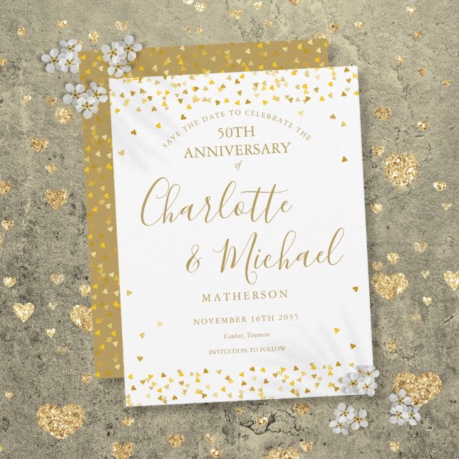 Carte Postale Faire-part 50e Anniversaire de Mariage Save the Date Cœurs en (50th Anniversary Save the Date Gold Hearts Script Announcement Postcard)