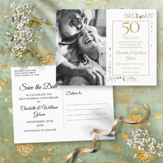 Carte Postale Faire-part 50e Anniversaire de verdure Photo Enregistrer la d (50th Anniversary Greenery Photo Save The Date Announcement Postcard)