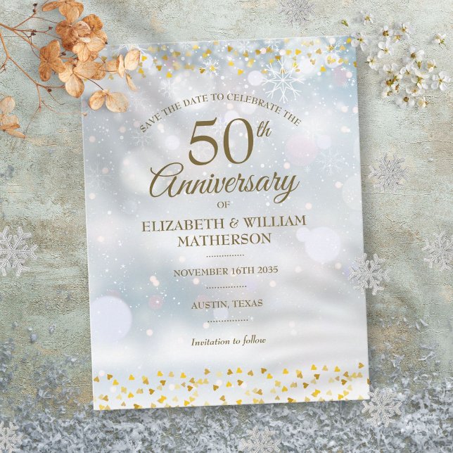 Carte Postale Faire-part 50e anniversaire flocons de neige save the date (50th Anniversary Winter Snowflakes Save the Date Announcement Postcard)