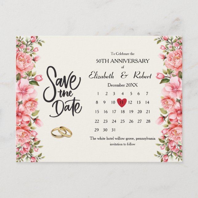 Carte Postale Faire-part 50e anniversaire Floral Le calendrier des dates (Devant)